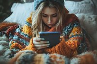 Young blonde woman in cozy knit sweater and beanie using smartphone while lying in bed with warm blankets during winter morning at home.