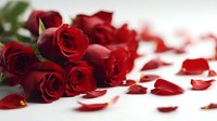 Romantic bouquet of deep red roses with scattered petals on white surface, perfect for Valentine's Day celebrations or anniversary gifts.
