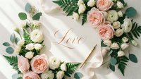 Elegant flat lay with pink roses, ranunculus, fern, and a calligraphy love card on white linen, perfect for wedding or Valentine stationery.
