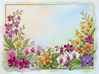 Watercolor orchid frame with colorful blooms in pink, purple, orange and yellow on soft pastel background with golden border and copy space.