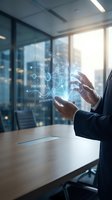 Businessman hands holding holographic digital interface with strategy innovation icons in modern office conference room for business planning presentations.