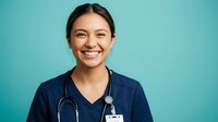 Young Asian female nurse smiling confidently in navy scrubs with stethoscope against turquoise background for healthcare and medical profession concepts.