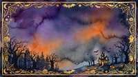 Spooky Halloween landscape with haunted house, bare trees and bats in ornate golden frame. Watercolor style autumn scene for seasonal decorations and designs.