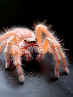 Orange hairy tarantula spider with detailed legs and body structure on dark surface for educational or nature content.