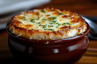 Classic French onion soup topped with melted gruyere cheese and fresh herbs in traditional brown ceramic bowl, served hot with crusty golden-brown surface.