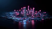 Futuristic cityscape with glowing pink neon skyscrapers reflecting on water surface against dark background, digital circuit pattern at base creates cyberpunk atmosphere.