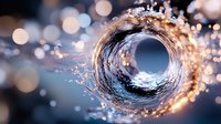 Swirling tunnel of water and light with glowing sparkles and bokeh effects creates dramatic perspective view into bright circular portal.
