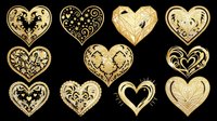Golden heart collection with ornate floral and geometric designs, isolated on transparent background. Ready for Valentine clipart, stickers, t-shirt design, and print on demand.