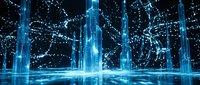 Futuristic digital data streams and glowing blue light pillars creating cyber network visualization with particle effects on dark background for technology concepts.