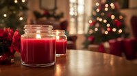 Red scented candles in glass jars create cozy holiday atmosphere with Christmas tree lights and decorations blurred in background, festive home interior.