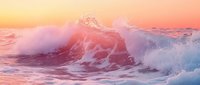 Powerful ocean wave crashing at sunset with vibrant pink and orange sky, creating dramatic seascape for coastal wall art.