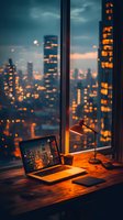 Laptop and desk lamp on wooden table by window overlooking city skyline at dusk, with glowing orange lights and skyscrapers creating atmospheric urban scene.