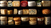 Artisanal cheese wheels arranged on dark wooden shelves, showcasing variety of aged and fresh cheeses with distinctive textures, holes, and natural rinds.