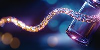 Magical stream of glowing particles flowing from glass bottle on dark blue background with bokeh lights, creating mystical laboratory atmosphere.