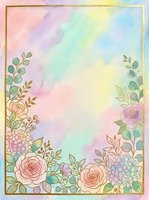 Watercolor floral frame with pastel rainbow background and gold border, roses and hydrangeas, for wedding invitations, cards, and stationery.