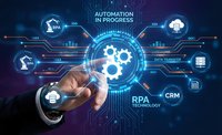 Business professional activating RPA automation system with digital interface showing connected workflow processes and data management icons.