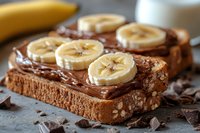 Chocolate spread on toasted bread topped with fresh banana slices for breakfast or snack time meal preparation.