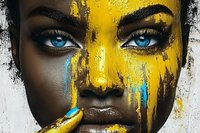 Close up portrait of African woman with bright yellow and blue face paint, dramatic makeup, and striking blue eyes against dark background. Creative fashion art concept.