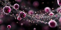 Microscopic view of pink spherical cells connected by delicate filaments against dark background, illustrating biological network or pathogen structure.