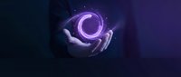 Two hands holding glowing purple circular energy orb with magical particles and light effects on dark background for technology and innovation concepts.