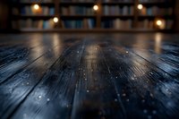 Dark wooden floor boards with bokeh lights and blurred bookshelves in background create moody atmospheric scene for interior design and lifestyle photography.