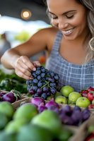 Young mixed race woman in striped apron selecting fresh grapes at farmers market stand with colorful produce display of apples, onions and seasonal fruits.