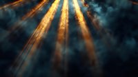 Dramatic golden light rays pierce through dark storm clouds creating atmospheric mood. Mystical sunbeams illuminate smoky background for spiritual and religious concepts.