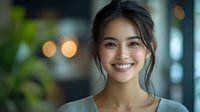 Young Asian woman with natural makeup and messy bun hairstyle showing genuine bright smile against blurred bokeh background. Positive emotional portrait for lifestyle design.