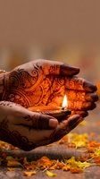 Hands with intricate henna mehndi patterns cupping glowing oil lamp flame during traditional celebration with warm autumn leaves scattered around.