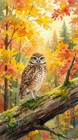 Watercolor burrowing owl perched on fallen log in vibrant autumn forest with golden yellow and orange foliage creating warm seasonal wildlife scene.