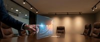 Businessman presenting holographic financial growth chart with upward arrow in modern conference room for business analytics and data visualization.