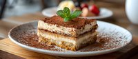 Classic tiramisu dessert slice with layers of mascarpone cream and coffee-soaked ladyfingers, dusted with cocoa powder and garnished with fresh mint leaf.
