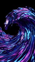 Neon liquid wave with flowing magenta and cyan streaks creating dynamic swirl motion against black background, suitable for modern digital design and tech graphics.