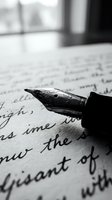 Fountain pen nib resting on handwritten manuscript with cursive text, suitable for literature, writing, education, and creative content projects.