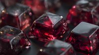 Vibrant red crystal cubes with translucent properties reflecting light, creating a luxurious gemstone appearance for jewelry design or premium product backgrounds.