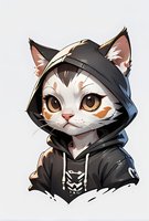 Cute cartoon cat character wearing black hoodie with kawaii style expression, perfect for gaming mascot, social media avatar or merchandise design. Isolated on white background.