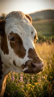 Brown and white dairy cow portrait in golden sunset light on pastoral meadow with wildflowers and rolling hills for agriculture and farming content.