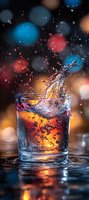Dynamic splash in glass with amber liquid against colorful bokeh background, frozen motion capturing droplets and ripples in dramatic lighting. Perfect for beverage advertising.