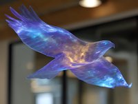 Mystical glowing dove with cosmic galaxy pattern in blue and purple hues flying against dark background, wings spread in peaceful motion. Spiritual art concept.