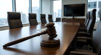 Wooden gavel on polished conference table in modern boardroom with city skyline view through windows. Corporate legal meeting room interior.