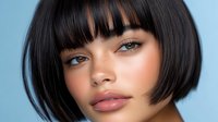 Young Asian woman with short black bob haircut and bangs, natural makeup, pink lips and freckles against blue background, close up portrait.