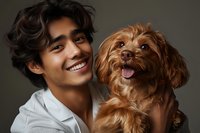 Young Asian man in white shirt holding adorable brown Yorkshire terrier puppy, both smiling at camera against dark background. Pet friendship portrait.
