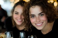 Young women friends enjoying drinks and conversation at cozy restaurant with warm bokeh lights creating intimate dining atmosphere for social gatherings.