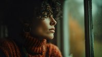 Young woman with curly hair in cozy sweater looking thoughtfully out window on rainy day, warm indoor lighting creating peaceful contemplative mood.