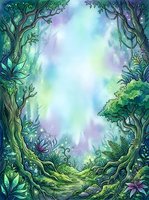 Enchanted forest clearing with towering trees, lush vegetation, and magical glowing light filtering through canopy, creating mystical woodland atmosphere for fantasy and nature-themed designs.