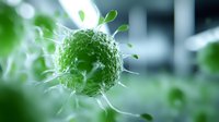 Green microscopic cell with protruding spikes on blurred background, scientific visualization of virus, bacteria or immune cell in medical research laboratory.