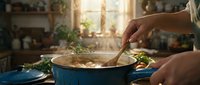 Person cooking healthy meal in rustic kitchen with wooden spoon stirring ingredients in blue pot during golden hour sunlight streaming through window.