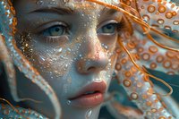 Close up portrait of young woman with water drops and orange tentacles, artistic fantasy makeup, wet face effect with glitter and dramatic lighting.