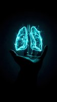 Glowing cyan lungs floating above open palm against dark background representing respiratory health, medical care, and pulmonary system protection concept.