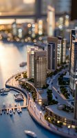 Miniature architectural model of modern waterfront development with skyscrapers, marina, and curved boardwalk showcasing urban planning and real estate concepts.
